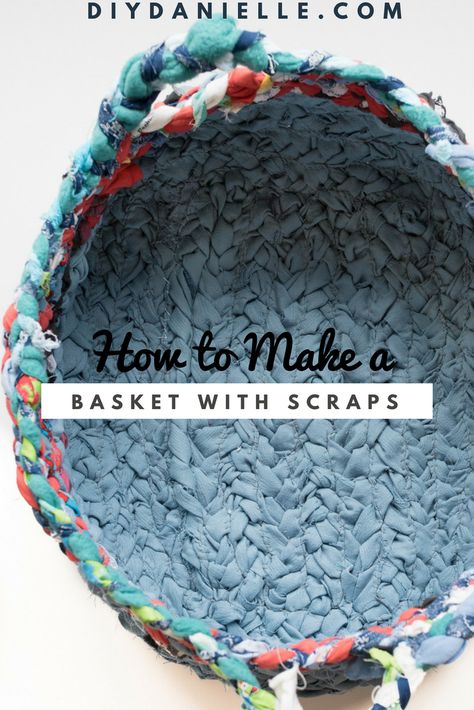 Woven Fabric Baskets Diy Free Pattern, Cloth Basket Patterns, Diy Scrap Fabric Basket, Material Baskets How To Make, Fabric Crochet Basket, Diy Basket Weaving Fabric Scraps, Rag Baskets Scrap Fabric, Tshirt Basket Diy, Basket From Fabric Scraps