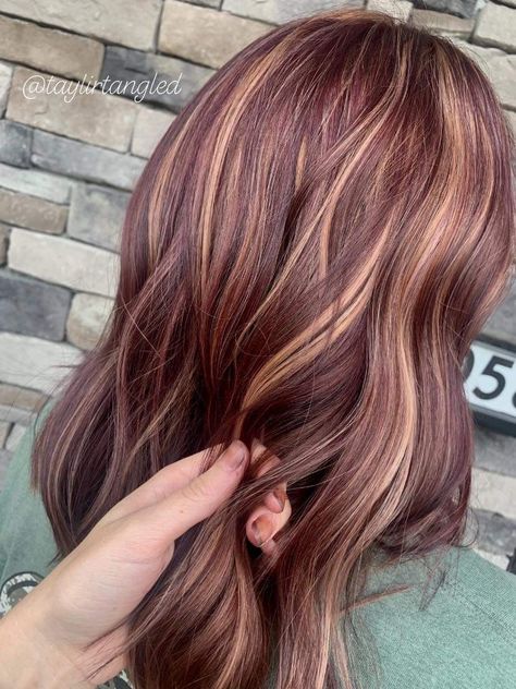 Red Hair With Colored Tips, Cherry And Blonde Highlights, Burgundy Hair With Brown Highlights, Wine Hair Color Burgundy With Blonde Highlights, Blonde And Plum Highlights, Burgundy To Blonde Balayage, Cherry Coke Hair With Highlights, Dark Red Blonde Balayage, Dark Burgundy Hair With Blonde Highlights