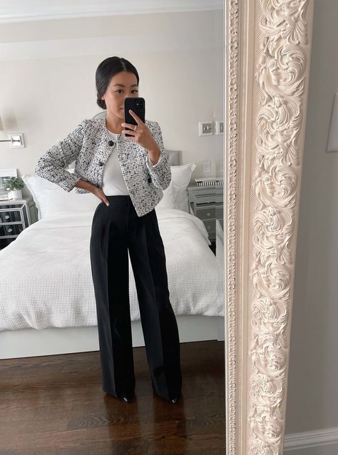 Dress Black Pants Outfit, Cropped Formal Jacket, Black Chanel Tweed Jacket Outfit, Outfits With Tweed Jacket, Dress Pants Sweater Outfit, Semi Formal Black Pants Outfit For Women, Tweed Jacket Outfit Formal, Tweed Jacket With Dress, Dạ Tweed Outfit