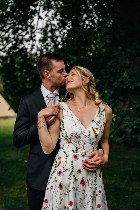 bride wearing a floral wedding dress Colourful Embroidery, Bohemian Style Wedding Dresses, Embroidered Butterflies, Woodland Flowers, Bespoke Wedding Dress, Bohemian Style Wedding, Green Vines, Soft Mint, Floral Wedding Dress