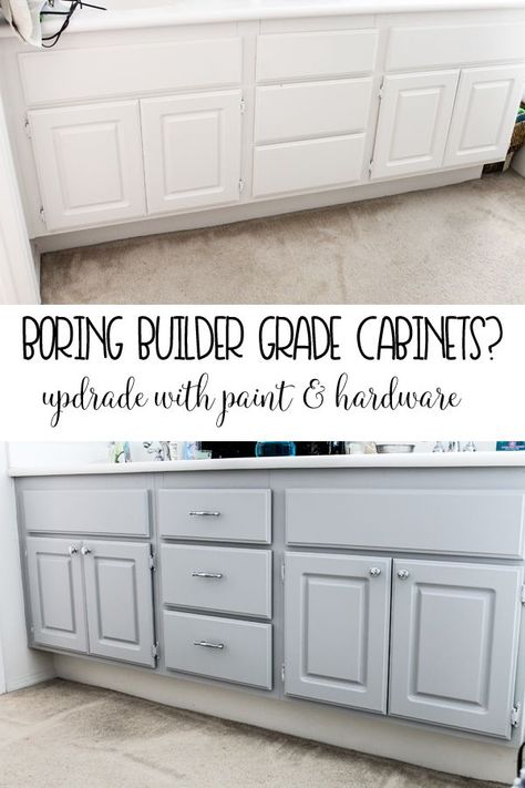 Upgrade your Boring Builder Grade bathroom cabinets with paint & hardware - get all the details here! Soaking Tubs Master Bath, Builder Grade Cabinets, Builder Grade Bathroom, Shower Bath Combo, Paint Hardware, Bathroom Redecorating, Painting Bathroom Cabinets, Walk In Shower Designs, Cabinets Bathroom