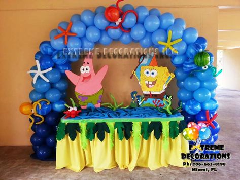 Sponge bob cake table decoration with marine theme balloon arch Spongebob Themed Birthday, Spongebob Birthday Party Decorations, Spongebob Cake, Spongebob Birthday Party, سبونج بوب, Spongebob Party, Spongebob Birthday, Balloon Arches, Marine Theme