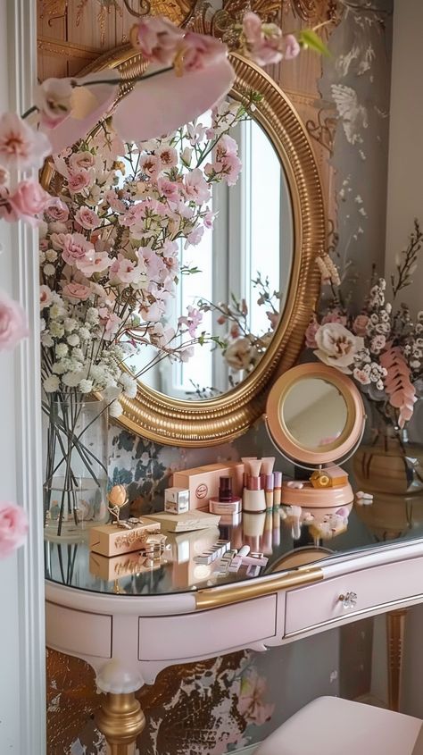 Transform your bedroom with these 29 stunning dressing table ideas! From elegant vanities and modern designs to chic storage solutions and vintage-inspired pieces, find the perfect dressing table to elevate your space. Get inspired by creative setups that blend style and functionality. Bedroom Decor Makeup Table, Vanity With Flowers, Vintage Vanity Ideas Bedroom, Vintage Closet Aesthetic, Vintage Makeup Table Aesthetic, Vintage Vanity Ideas, Cute Vintage Vanity, Wall Fence Design, Vanity Ideas Bedroom Vintage