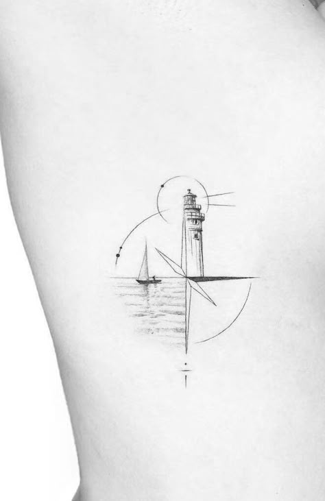 Lighthouse Tatoos Small, Lighthouse Small Tattoo, Pheonix Minimalistic Tattoo, Small Sea Inspired Tattoos, Over Thinker Tattoo Ideas, Geometric Sailboat Tattoo, Lighthouse Tattoo Women, Geometric Lighthouse Tattoo, Lighthouse And Compass Tattoo