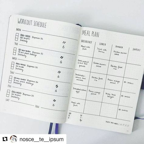 The Monday Meal Plan with a bonus workout schedule . ..#Repost @nosce__te__ipsum with @repostapp ・・・ Something a bit different for my workout and meal plan I need to strongly focus on my workout schedule and eating habits and thought it deserved a separate weekly thread. Still need to tweak it a bit but let's see how it goes! . . . Click #bjcmealplan for more of our financial spreads. _________________________________ #bulletjournal #bulletjournaling #bulletjournaljunkies #bulletjournallo... Journal D'inspiration, Diario Bullet, Spiritually Healthy, Planning School, Minimalist Bullet Journal, Bullet Journal Minimalist, Bullet Journal Page, Goals Bullet Journal, Bullet Journal Spreads