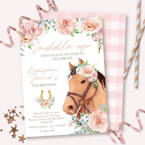 Horse Birthday Invitation Printable Pink Floral Boho Cowgirl | Etsy Canada Horse Party Invitations, Horse Birthday Invitations, Horse Birthday Parties, Boho Cowgirl, Horse Party, Milestone Poster, Horse Birthday, Cowgirl Birthday, Girl Decor