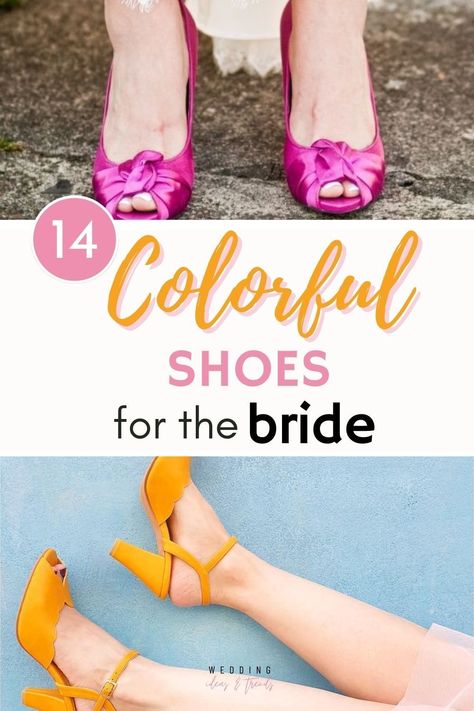 Wedding Color Shoes, Colored Shoes With Wedding Dress, Fun Wedding Shoes Brides, Colored Bridal Shoes, Colorful Wedding Shoes Brides, Statement Wedding Shoes, Coloured Bridal Shoes, Wedding Dress With Colored Shoes, Unconventional Wedding Shoes