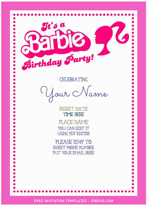 Free Barbie Invitation Templates, Barbie Birthday Invitations Free, Barbie Template, Barbie Invitation Template, Barbie Card, Cartoon Barbie, 34 Birthday, Barbie Invitation, Barbie Birthday Invitations