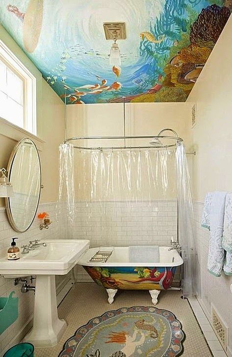 Amazing under the sea mural on the ceiling in a bathroom: http://www.completely-coastal.com/2014/10/under-the-sea-rooms.html Sea Theme Bathroom, Sea Themed Bathroom, Victorian Pool, Under The Sea Bathroom, Little Mermaid Bathroom, Sea Murals, Sea Bathroom, Ocean Bathroom, Mermaid Bathroom Decor