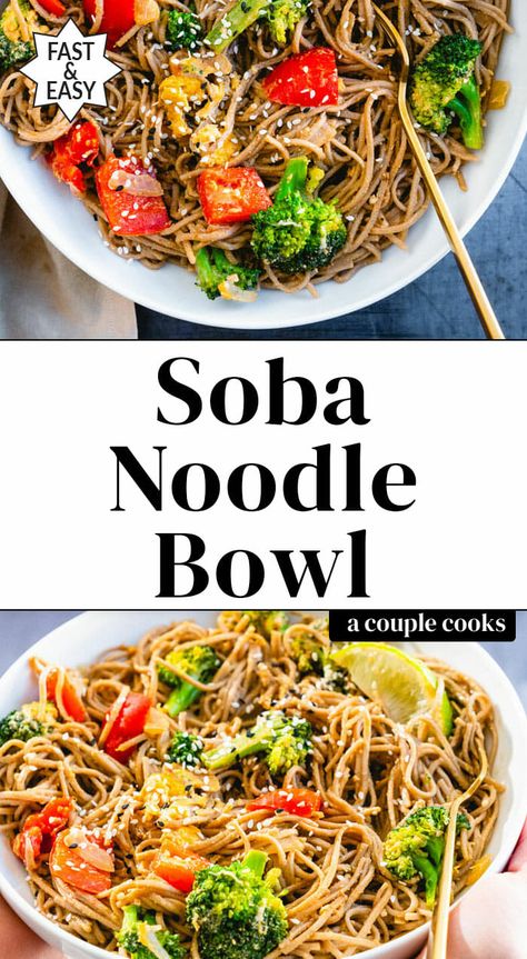 This soba noodle bowl is a quick and easy dinner recipe, perfect for weeknights! It's a filling vegetarian meal full of healthy veggies. #sobanoodles #noodles #soba #noodlebowl #stirfry #noodlestirfry #healthystirfry #easystirfry Soba Rice Noodle Recipe, Saba Noodles Recipes, Chicken Soba Noodles Stir Fry, Chicken Soba Noodles, Easy Soba Noodle Recipe, Healthy Noodle Bowls, Healthy Soba Noodle Recipe, Soba Noodle Bowl Recipe, Vegetarian Soba Noodles