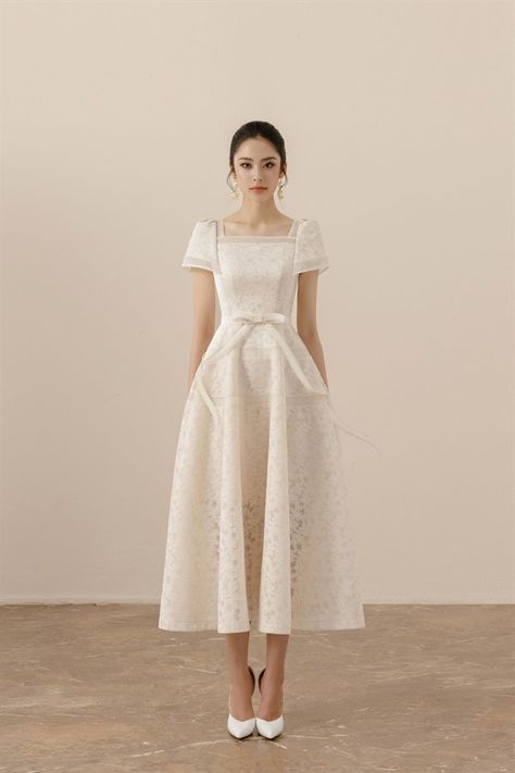 Esme Dress White Dress Church, Elegant Dress Outfits, Cute Midi Dresses, Elegant Outfit Dress, Beige Dress Outfit, Formal Ootd, Luxurious Dress, Filipiniana Dress, Luxurious Dresses