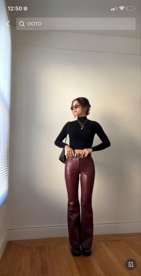 Red Leather Jeans Outfit, Mock Neck Jewelry, Leather Trousers Outfit Brown, Burgundy Pants Black Top, Gold Jewelry Black Outfit, Maroon Pants Outfit Aesthetic, Red Black Brown Outfit, Red Top Leather Pants, Plum Leather Pants Outfit