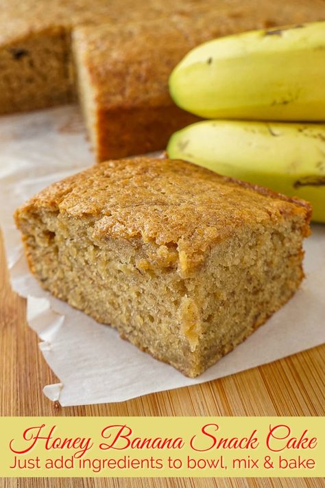 Honey Banana Snack Cake. The quickest and easiest snack cake ever. All ingredients go into one bowl, then it's just mix and bake! Perfect for packed lunches and after school snacks. #oldfashionedrecipes #easycakerecipes #afterschoolsnacks #scratchcake #homemadecakerecipes #bananarecipes 8x8 Banana Cake Recipe, Banana Snack Cake Recipe, Banana Snack Cake 8x8, Snack Cake Recipes 8x8, Small Banana Cake, Stand Target, Snacking Cakes, Banana Snack Cake, Snack Cake Recipe