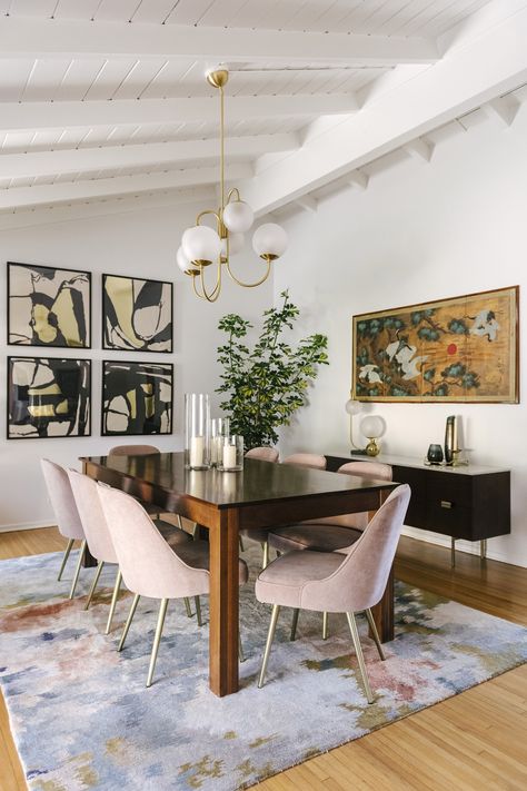 Mid Century Glam Living Room, Midcentury Glam, Mid Century Modern Glam, Glam Dining Room, Mid Century Glam, West Elm Furniture, Mid Century Ranch, Glass Globes, Mid Century Dining