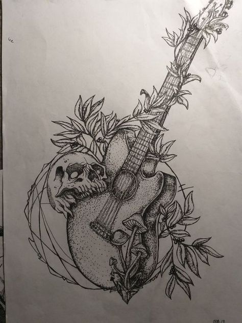 guitar art The Last Of Us Guitar Drawing, Skulls And Guitars, Guitar And Skull Tattoo, Guitar Back Tattoo, Skull Guitar Drawing, Cool Guitar Tattoos, Aesthetic Guitar Drawing, Guitar Related Tattoos, Acoustic Guitar Tattoo Ideas