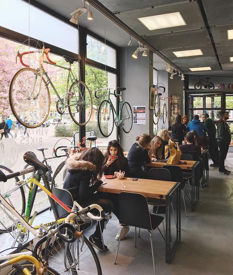 Industrial Coffee Shop, Bicycle Cafe, Bicycle Bar, Coffee Shops Interior, Bike Repair, Bike Rental, Vintage Bikes, Bike Shop, Cafe Design