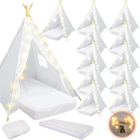 PRICES MAY VARY. Teepee Tent for Kids: you will receive 12 white kids teepee tents, 12 strings of 9.84 feet/ 3 meter star lights, 12 white air beds with a size of 59 x 26.7 inches/ 150 x 68 cm, 12 pieces of white fitted sheets of about 61.81 x 25.98 x 7.09 inches/ 157 x 66 x 18 cm that fit ideally on the air mattress; Together these will add fun to your child's sleepover party Easy Installation: the kids tent has 8 pine poles, you can assemble the pine poles through 4 connectors to form 4 long p Slumber Party Tent Ideas, Diy Teepee Sleepover Party, Tent Sleepover Party, Tent Birthday Party, Tent Beds, Toddler Play Tent, Teepee Sleepover Party, Diy Teepee Tent, Sleepover Tents