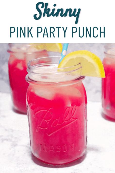 Skinny Pink Party Punch is a fun sweet punch that is only 30 calories per serving! Only 3 ingredients! Great for baby showers, birthday parties, or for a sweet treat at home. #skinnycomfort #punch #pink #babyshower Barbie Punch, Barbie Bunco, Pink Party Snacks, Pink Party Punch, Party Punch Alcohol, Pink Party Punches, Pink Punch Recipes, Pink Party Foods, Party Punch Recipe