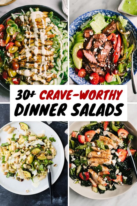 If you're not a believer in salad for dinner, get ready to get converted. These crave worthy dinner salad recipes are colorful, beautiful, filling, and so, so delicious. Whether you're keto, vegetarian, totally into greens, or all about steak, you're bound to find at least one dinner salad option that will make its way into your weeknight dinner rotation. #dinner #salad #dinnersalad #saladfordinner #healthyrecipes Dinner Salad Recipes, Main Dish Salad Recipes, Filling Salad Recipes, Hearty Salad Recipes, Steak Salad Recipe, Healthy Dinner Salads, Warm Salad Recipes, Main Salad, Salad For Dinner