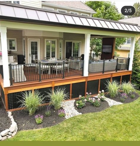 Backyard Patio Length Of House, Side Porch Ideas, Mobile Home Landscaping, Manufactured Home Porch, Ipe Deck, Decorating Porch, Mobile Home Exteriors, Covered Patio Design, Deck And Patio