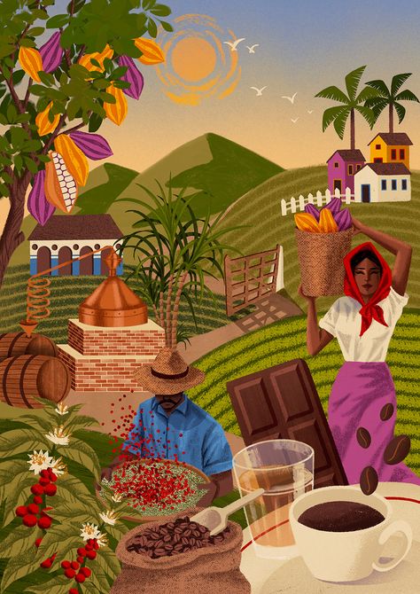 Mural 4c's, do campo à mesa on Behance Travel Graphics Illustration, Colombian Culture Art, Colombian Art Culture, Lovers Illustration Art, Food Art Drawing, Chocolate Illustration, Colombia Art, Mural Digital, Latin American Folk Art