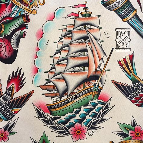 #ship #shiptattoo #tickertattoo #tickerнутые #tattoo #tattoos #tattooed #tattoolife #tattooartist #traditional #tradition #traditionaltattoo #classictattoo #topclasstattooing #besttradtattoos #thebesttattooartists #oldschool #oldschooltattoo #tattooart #colortattoo #oldlines #ink #inked #skinart #spb #spbtattoo #art #flash #tattooflash #tattoodesign Traditional Nautical Tattoo, Traditional Ship Tattoo, Desenhos Old School, Sailboat Tattoo, Boat Tattoo, Ship Ideas, Traditional Tattoo Old School, Traditional Boats, Traditional Tattoo Sleeve