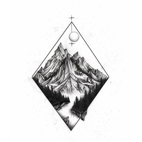 This is a unique tattoo design on nature placed inside of a geometric shape. We hope you enjoy this super cool digital download! Wrist Tattoos For Women Mountains, Campus Tattoo Design, Geometric Nature Tattoo Sleeve, Mountaineering Tattoo, Geometric Landscape Tattoo, Mountains Tattoo Design, Tattoo Design Drawings Unique, Unique Nature Tattoos, Geometric Nature Tattoo