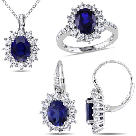 Lab-Created Blue Sapphire and Diamond Sterling Silver Earring, Ring,... (12 910 UAH) ❤ liked on Polyvore featuring jewelry, earrings, sterling silver necklace pendant, round diamond pendant, diamond necklace pendant, sterling silver diamond pendant and pendant necklace Plain Silver Rings, Diamond Jewelry Set, Diamond Birthstone, Halo Earrings, Halo Pendant, Leverback Earrings, Diamond Set, White Sapphire, Pendant Set