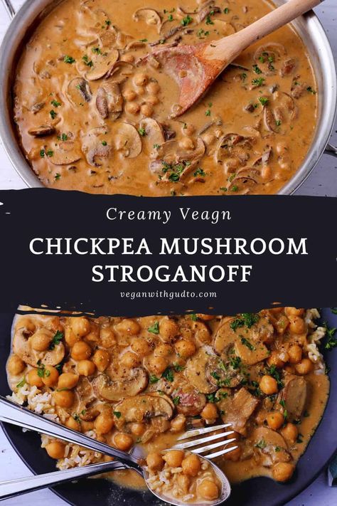 Creamy chickpea and mushroom vegan stroganoff is an easy and delicious dairy-free recipe that you can make in 45 minutes and includes homemade sour cream options using cashew cream or nut-free sunflower seed sour cream. Chickpeas And Mushrooms, Vegetarian Mushroom Stroganoff, Vegan Nut Free Recipes, Plant Based Mushroom Recipes, Mushroom Vegan Recipes, Mushroom Vegetarian Recipes, Vegan Mushroom Recipes, Vegan Stews, Vegan Recipes Dinner