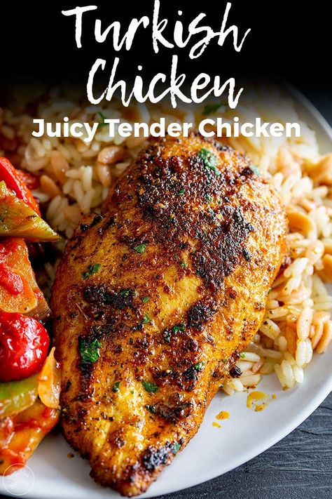 This Turkish chicken is packed with flavor and is a great family-friendly way to cook boneless, skinless chicken breasts. You can serve these with pilaf and some salad, or stuff them into rolls for an easy and different chicken burger. Chop the chicken up and add it to your lunch meal prep or serve it with some garlic potatoes and veggies. This Turkish Chicken is delicious and so versatile. Turkish Chicken And Rice, Arab Chicken Recipes, Tunisian Chicken Recipe, Unique Chicken Breast Recipes, Chicken Prep Meals, Turkish Chicken Recipes, Middle Eastern Chicken Recipes, Turkish Recipes Chicken, Arabic Chicken Recipes