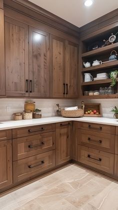 Kitchen Wood Color Cabinets, Painted Cabinets With Wood Countertop, Classic Wood Cabinets Kitchen, Accent Cabinets In Kitchen, Wood Cabinets Before And After, Dark Wood Kitchen Inspiration, Kitchen Wood Cabinets Ideas, Wood Effect Kitchen Cabinets, Kitchen Flooring Dark Cabinets