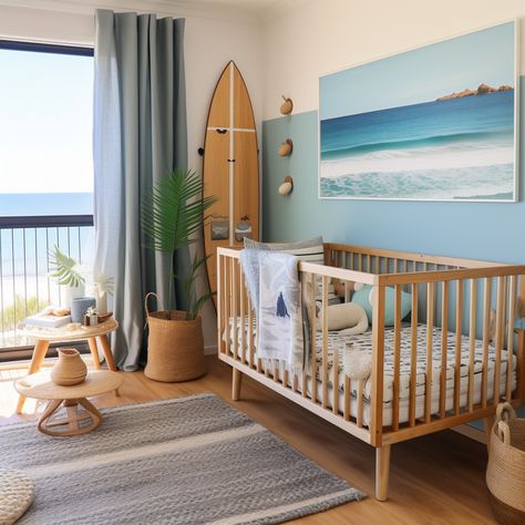 Surfer Themed Nursery, Surfing Theme Nursery, Surfer Theme Nursery, Gender Neutral Beach Nursery, Beachy Baby Room, Beach Theme Kids Bedroom, Beach Themed Nursery Boy, Beachy Nursery Boy, Baby Boy Beach Nursery