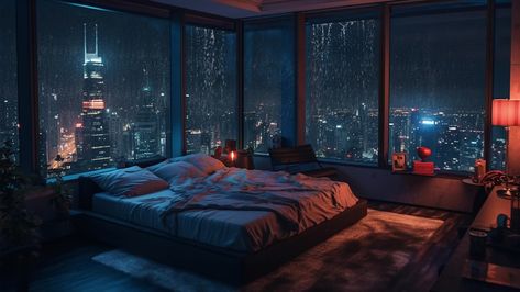 A room in a skyscraper /buy animation, Vova Pristaiko on ArtStation at https://www.artstation.com/artwork/YBrPn6 Animated Room, Night Apartment, City Apartment Bedroom, Night Room, Bedroom At Night, Hotel Suite, High Ceiling Bedroom, Penthouse Bedroom, City Bedroom