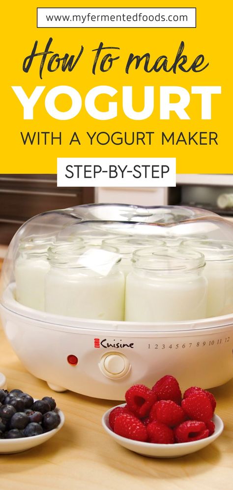 Find out how you can make yogurt with a yogurt maker. Yogurt has many beneficial probiotics and homemade yogurt is a lot healthier than store bought yogurt. Learn to make yogurt very quickly with a yogurt maker. #MyFermentedFoods #FoodProcessor #FoodMaker #Yogurt #MakingYogurt #Dairy #Milk #Kitchen Greek Yogurt In Yogurt Maker, Homemade Yogurt Recipes Yogurt Maker, How To Flavor Homemade Yogurt, Yogurt Machine Recipes, Yogurt Maker Machine, Non Dairy Yogurt Recipe, Making Yogurt Homemade, How To Make Yogurt At Home, How To Make Yogurt