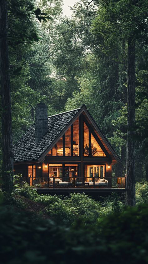 Hidden Forest Sanctuary with Expansive Windows Houses In Forests Woods, Forest Mansion Aesthetic, House In The Middle Of Nowhere, House In Forest Aesthetic, Forest Cabin Aesthetic, Forest Home Aesthetic, Forest Landscaping, Forest Sanctuary, Forest Hotel