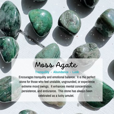 Moss Agate gets its name from having green-colored minerals throughout that takes on a similar look to moss. This stone has always been celebrated as a lucky amulet. European farmers in the 18th century would hang the stone from branches of their trees, believing this would bring an abundance of harvest. Moss Agate Aesthetic, Moss Agate Crystal Meaning, Moss Agate Meaning, Crystal Knowledge, Agate Crystal Meaning, Crystal Magick, Agate Meaning, Moss Agate Crystal, Green Moss Agate