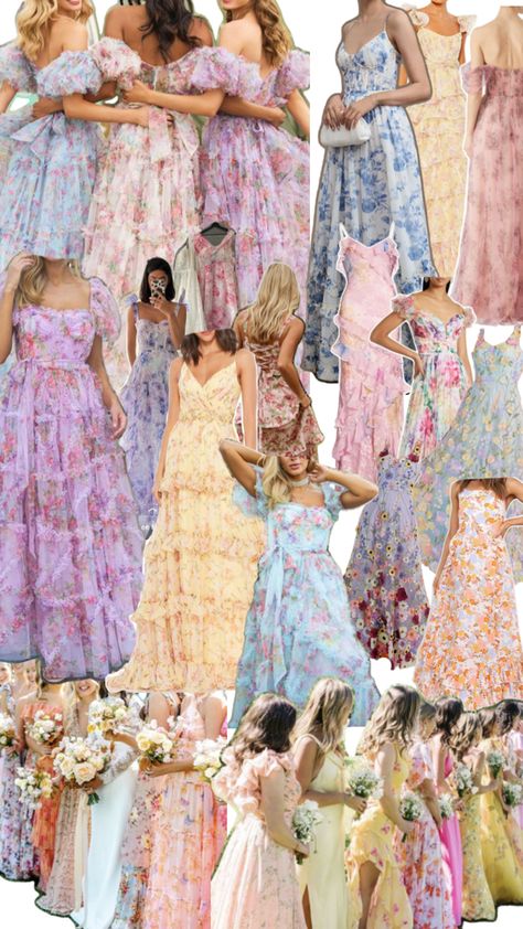 Multicolor floral bridesmaids dresses collage for spring wedding wildflower wedding Floral Bridesmaids, Pastel Wedding Theme, Party Dress Codes, Floral Bridesmaid Dresses, Spring Wedding Guest, Floral Bridesmaid, Garden Party Dress, Guest Attire, Dream Wedding Ideas Dresses