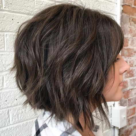 Lob With Textured Layers, Choppy Brunette Bob, Bob With Choppy Layers, Bob Hairstyles For Thick Hair, Short Choppy Bobs, Razored Bob, Layered Bob With Bangs, Hairstyles For Thick Hair, Brunette Bob