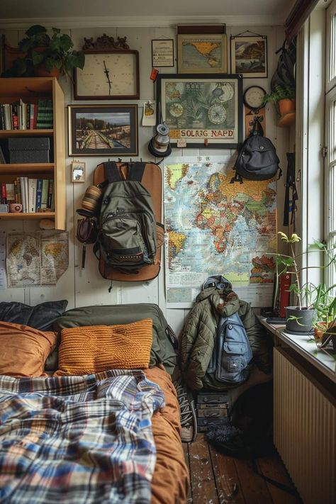 19 Creative Dorm Room Ideas for Guys 28 Cozy Bedroom Ideas Men, Cozy Cabin Home Decor, Guy Interior Design, Aesthetic Men’s Dorm Room, Granola Interior Design, Nerd Dorm Room, Retro Aesthetic Bedroom Ideas, Biology Room Aesthetic, College Room Decor For Guys