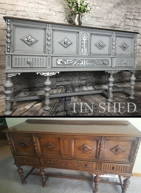 Decupage Furniture, Chalk Painted Sideboard, Remodeling Furniture, Jacobean Buffet, Antique Dining Room Table, Rustic Chic Design, Glass House Design, Furniture Colors, Dining Table Makeover