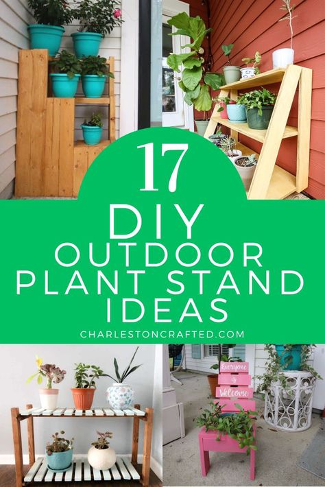 Diy Corner Plant Stand Outdoor, Front Porch Plant Stands, Pallet Board Plant Stand, Diy Tall Plant Stand Outdoor, Diy Planter Stands Outdoor, Outdoor Plant Stands Patio, Plant Display Outdoor Patio, Outdoor Plant Table Ideas, Outdoor Plant Shelf Ideas Patio