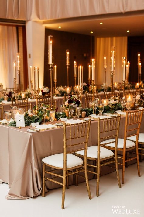 Golden Girl | WedLuxe Magazine Bronze Theme Wedding, Brown Gold And White Wedding Theme, Gold Bronze Wedding Theme, Gold Table Cloths Wedding, Golden Wedding Aesthetic, Honey Gold Wedding Theme, Golden Chairs Wedding, Gold Themed Wedding Decor, Cream Gold Wedding Theme