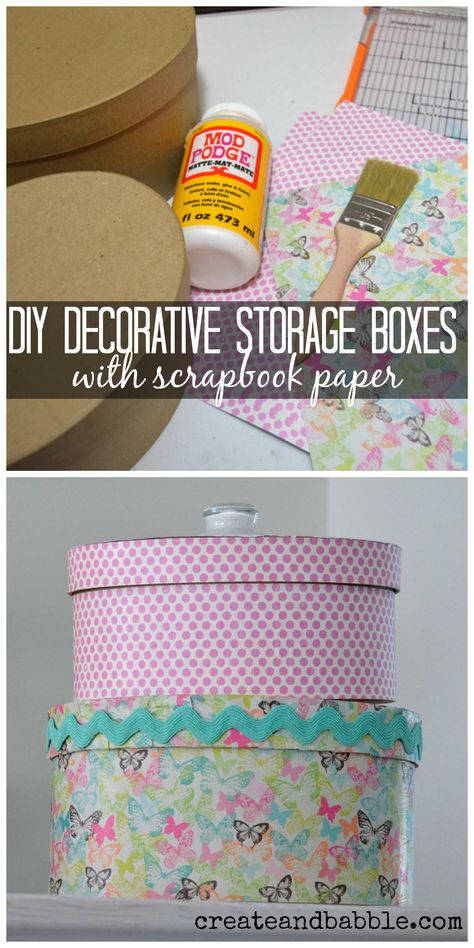 See how to make pretty, decorative storage boxes to match your decor using paper mache boxes, scrapbook paper, and Mod Podge. Scrapbook Paper Storage, Diy Mod Podge, Craft Paper Storage, Diy Scrapbook Paper, Diy Organizer, Presente Diy, Paper Mache Boxes, Mod Podge Crafts, Diy Storage Boxes