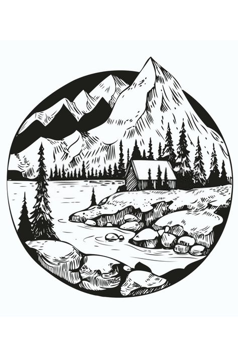 Woodburn Landscape, Drawing Ideas Outdoors, Mountain Scape Drawing, Nature Themed Drawings, Outdoor Drawings Nature, Nature Drawing Ideas Landscapes, Wood Burning Landscape, How To Draw A River, Pyrography Landscape