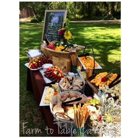 Fruit skewers, crudités, cheese and Truckee Sourdough Bread | Appetizer table at outdoor wedding | barn wedding | Squirrel Creek Ranch in Grass Valley, Ca | Farm to table Catering | www.farm2tablecatering.com Appetizer Table Display, Diy Wedding Programs, Appetizers Table, Wedding Appetizers, Catering Display, Quinceanera Ideas, Food Stations, Catering Menu, Farm To Table