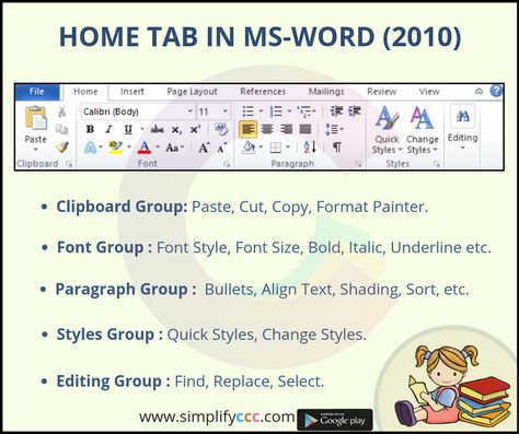 Home Tab in MS-Word (2010)   #CCC #SimplifyCCC #NIELIT   --------INSTALL NOW-------- https://play.google.com/store/apps/details?id=com.simplifyccc Scratch Programming, Word App, Computer Applications, Word Program, Computer Lessons, Learn Computer Science, Learn Computer, Computer Projects, Learn Computer Coding