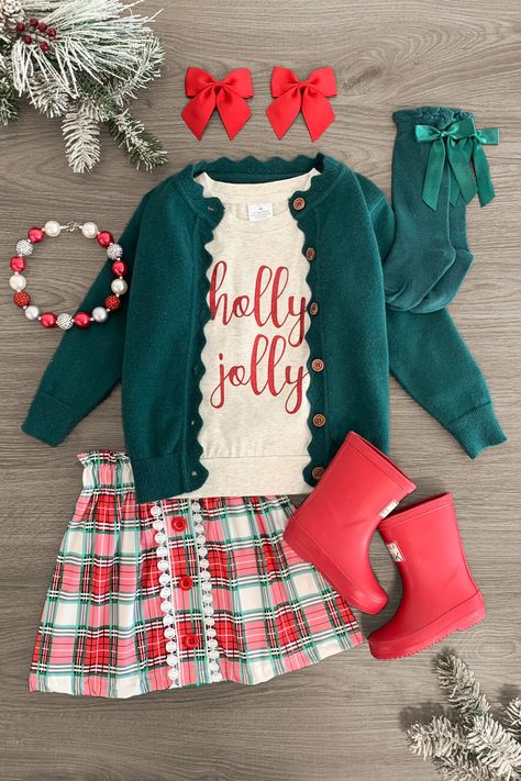 "Holly Jolly" Green Sweater Skirt Set | Sparkle In Pink Toddler Christmas Pictures Outfits, Santa Pictures Outfits, Santa Photo Outfits, Sibling Christmas Outfits, Mommy And Me Christmas Outfits, Tree Farm Family Photos Outfit, Christmas Sweaters Outfit, Disney Christmas Outfits, Toddler Girl Christmas Outfits