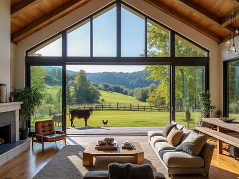 Panoramic Windows Living Rooms, Farmhouse Big Windows, Barndominium Windows, Big Windows Living Room, Triangle Window, Blue Shutters, Country Barn, Big House, Big Windows