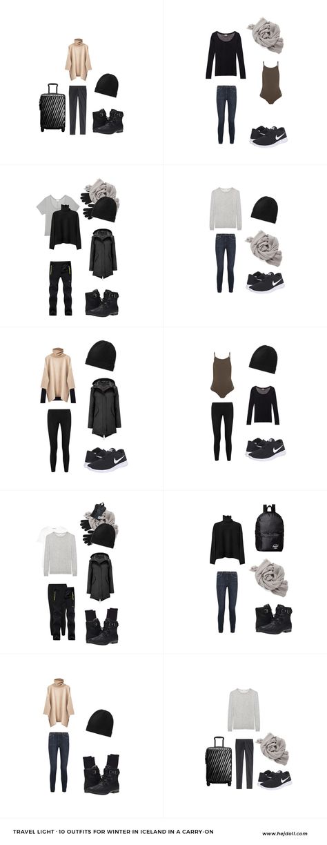 Travel Light - Pack for Winter in Iceland. 20 items, 10 outfits, 1 carry-on. Travel Light Winter Outfits, Winter In Iceland, Travel Outfit Summer Airport, Travel Light Packing, Winter London, Travel Fashion Winter, Fall Travel Outfit, Winter Travel Outfit, Winter Packing