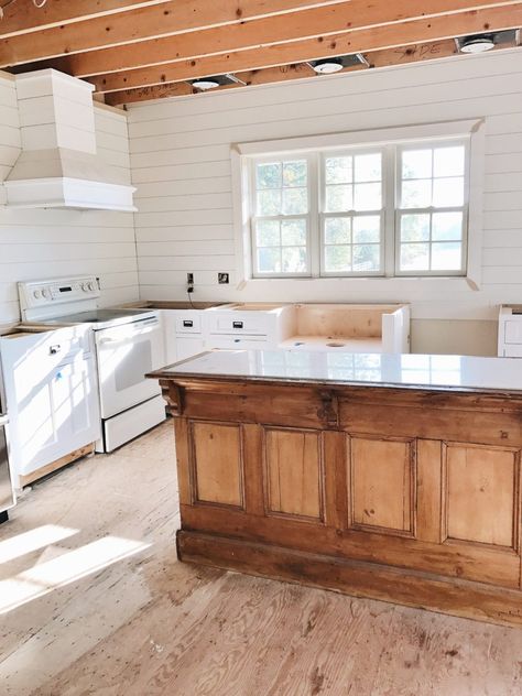 Small Kitchen Big Island, Pine Kitchen Island, Airbnb Cottage, Pine Kitchen Cabinets, Vintage Island, Pine Cabinet, Pine Cabinets, Liz Marie, Pine Kitchen